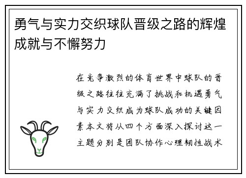 勇气与实力交织球队晋级之路的辉煌成就与不懈努力