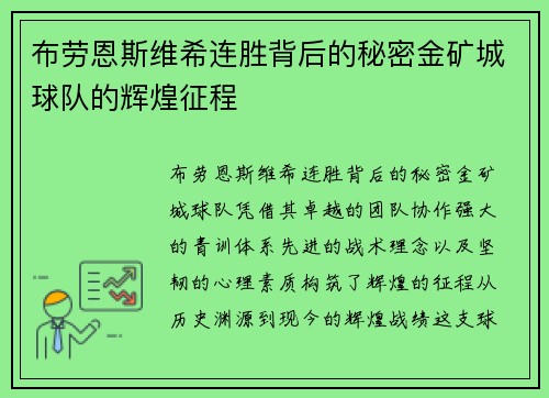 布劳恩斯维希连胜背后的秘密金矿城球队的辉煌征程