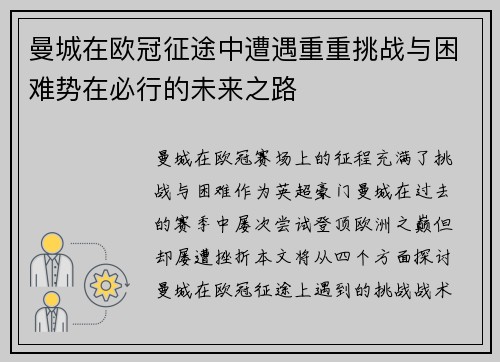 曼城在欧冠征途中遭遇重重挑战与困难势在必行的未来之路