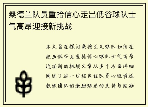 桑德兰队员重拾信心走出低谷球队士气高昂迎接新挑战