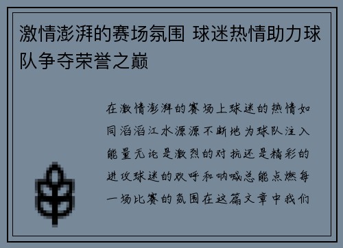 激情澎湃的赛场氛围 球迷热情助力球队争夺荣誉之巅