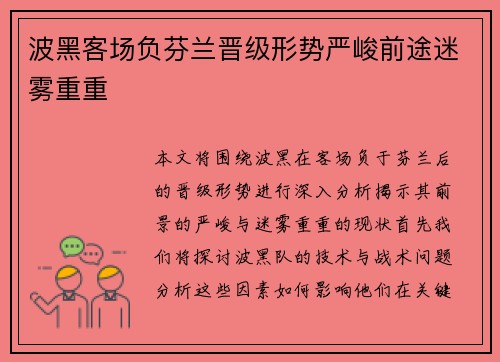 波黑客场负芬兰晋级形势严峻前途迷雾重重