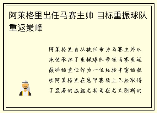 阿莱格里出任马赛主帅 目标重振球队重返巅峰
