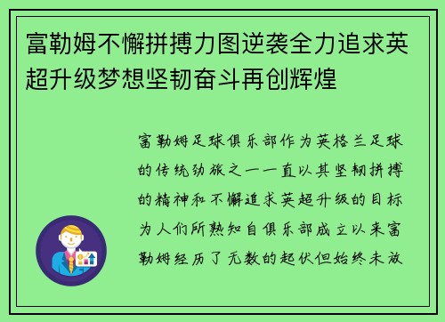富勒姆不懈拼搏力图逆袭全力追求英超升级梦想坚韧奋斗再创辉煌