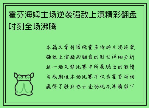 霍芬海姆主场逆袭强敌上演精彩翻盘时刻全场沸腾