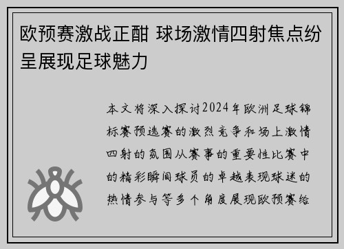 欧预赛激战正酣 球场激情四射焦点纷呈展现足球魅力