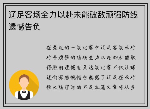 辽足客场全力以赴未能破敌顽强防线遗憾告负