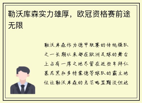 勒沃库森实力雄厚，欧冠资格赛前途无限