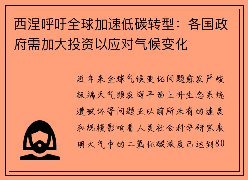 西涅呼吁全球加速低碳转型：各国政府需加大投资以应对气候变化