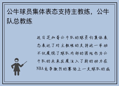公牛球员集体表态支持主教练，公牛队总教练