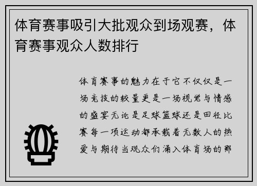 体育赛事吸引大批观众到场观赛，体育赛事观众人数排行