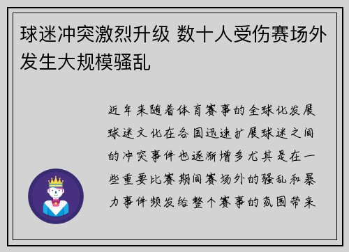 球迷冲突激烈升级 数十人受伤赛场外发生大规模骚乱