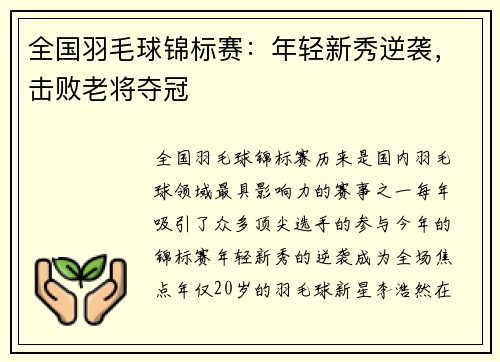 全国羽毛球锦标赛：年轻新秀逆袭，击败老将夺冠