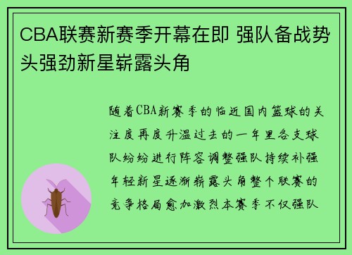 CBA联赛新赛季开幕在即 强队备战势头强劲新星崭露头角